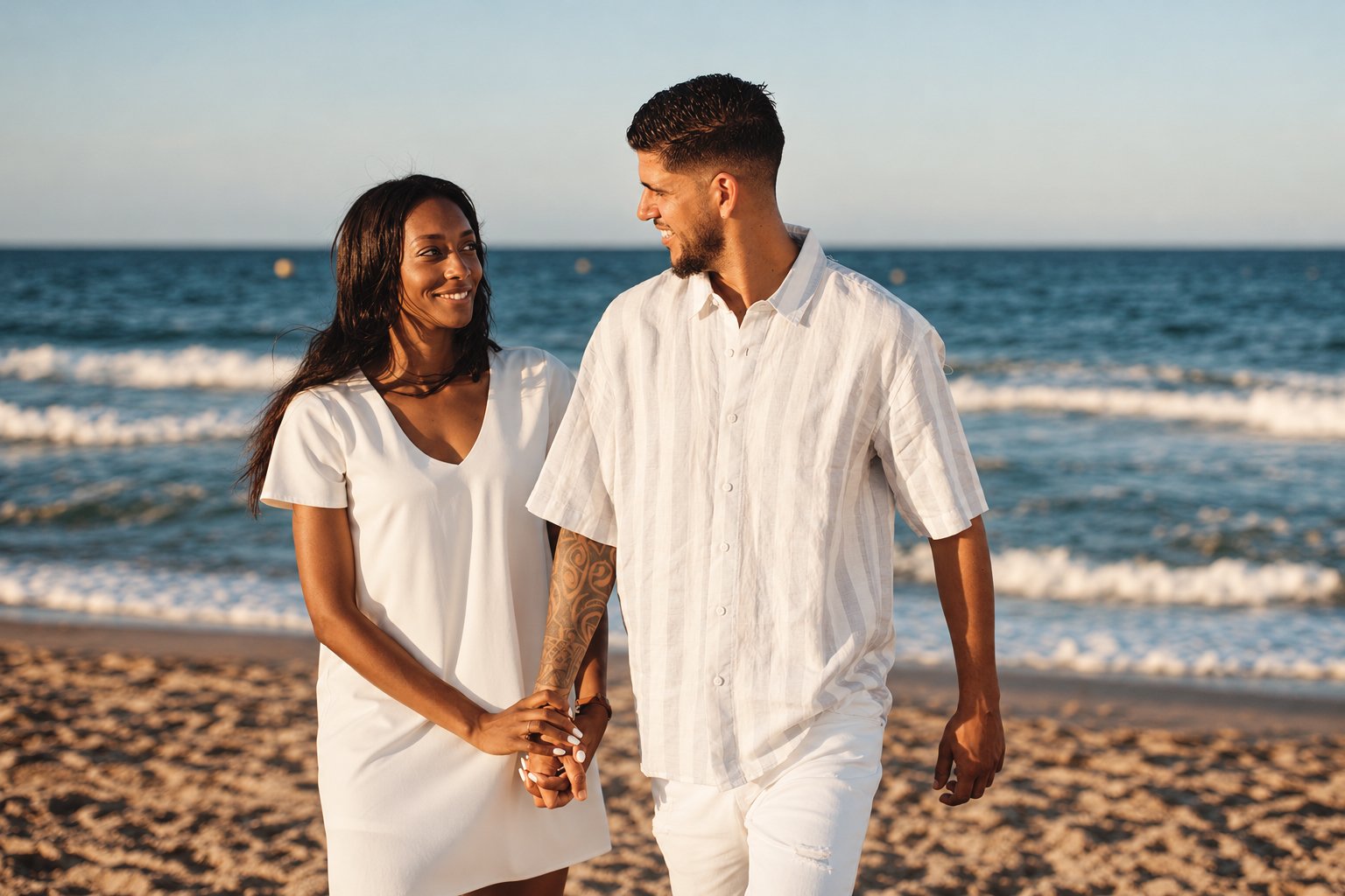 Ariel y Rafa paseando por la playa de El Saler durante su preboda en Valencia